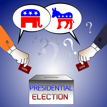 man prepare putting ballot in a box during presidential elections in America in front of parties logo and question mark background.のeditorial素材