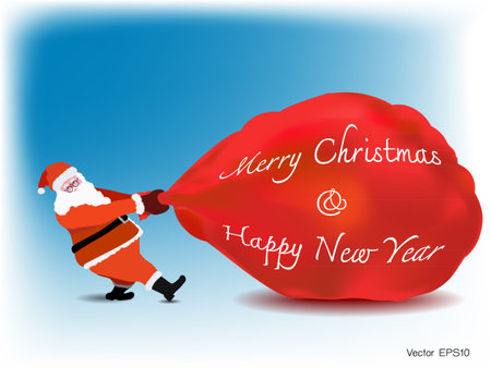 Santa Claus drag big gift red bag with word Merry Christmas and Happy new year, blue sky background のイラスト素材