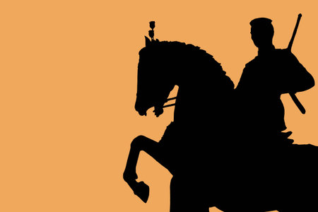 Warrior statues of ancient Thailand, with a dark brown background.の写真素材