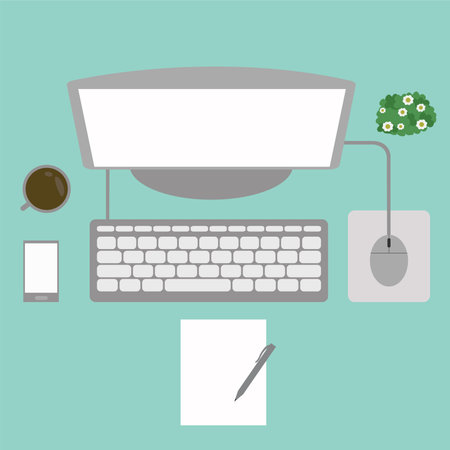 Vector desk cluttered with computers coffee and books on a background image and abstraction.のイラスト素材