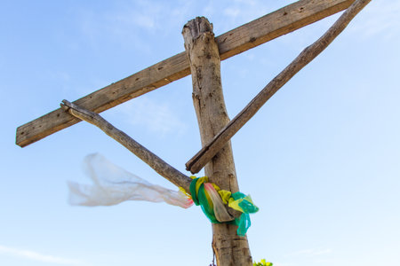 Sky and wooden polesの写真素材