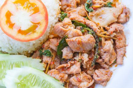 Thailand interesting and tasty food is popular, pork or chicken fried with chili curry with health benefits.の写真素材