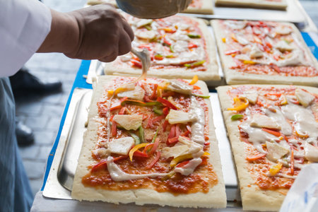 Pizza is an Italian restaurant that is popular around the world cooked by chefs who are capable of doing the dishes cooked with tomato sauce and a variety of vegetables and herbs.の写真素材