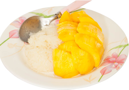 Thai dessert,mango with sticky rice on white backgroundの写真素材