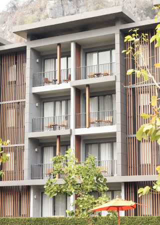 Beautiful modern exterior design on the mountainの写真素材