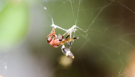Close up of Single red wasp in the cobwebの写真素材