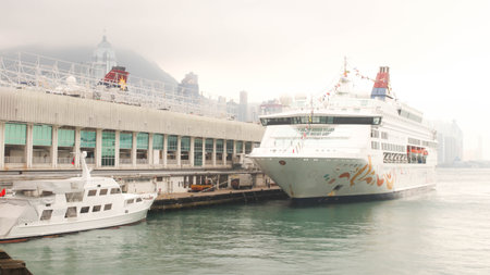 Editorial - Close up of Big White Yacht on the sea,HongKongのeditorial素材
