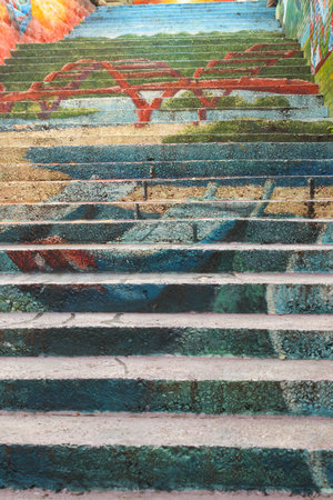 Close up of colorful wall and staircase decorated in Taiwanの写真素材