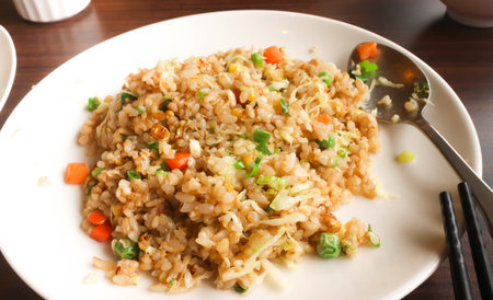Closeup of Yangzhou fried rice chinese cuisine on the white plateの写真素材