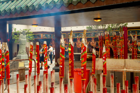 Closeup of big red incense sticks in Che Kung Temple, Hong Kongの写真素材