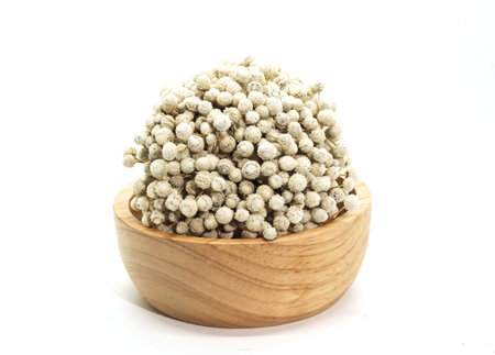 Closeup of A Bunch of dried white Eriocaulon henryanum Ruhle with wooden cupの写真素材