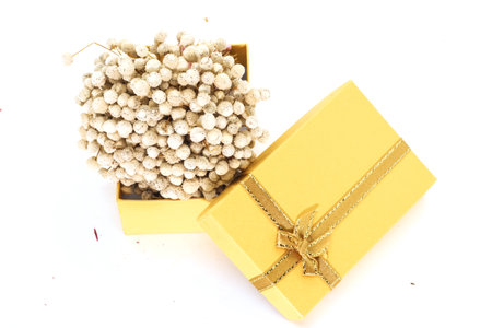 Closeup of A Bunch of dried white Eriocaulon henryanum Ruhle with gold gift boxの写真素材