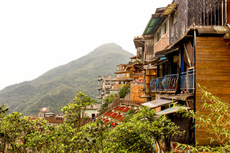 Lanscape of Jiufen restaurant buildings on the mountainの写真素材