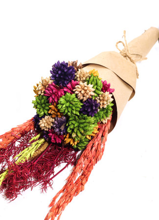 Closeup of brown bouquet colorful dry flower on white backgroundの写真素材