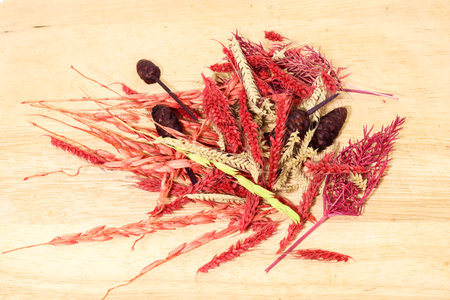 Macro of several colorful dry flower and dry grass on brown woodenの写真素材