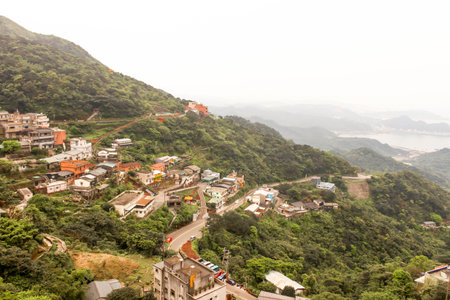 View Jiufen village hillside buildings on the mountain in Taiwanの写真素材