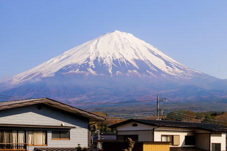 Closeup of Village houses with moutain Fuji background in Japanの写真素材