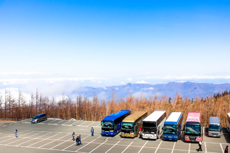 Landscape View of cloud line with Japan Alps on 5th Station Mt Fuji Japan and parkingのeditorial素材