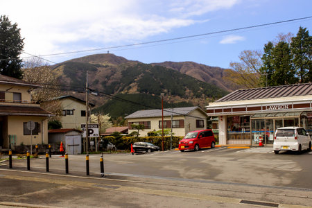 View of house in japan in front of the mountain in Hakoneのeditorial素材