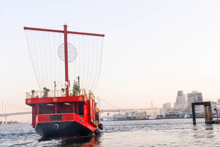 Close up Single red boat at sumida river viewpoint in tokyo,Japanのeditorial素材