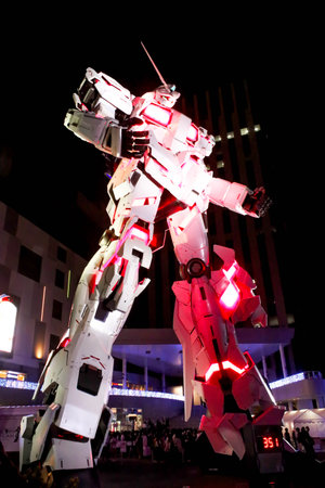 JAPAN - April 21th 2018 Night scene The legend of Gundam The real size model of Gundam robot in Odaiba, Tokyoのeditorial素材