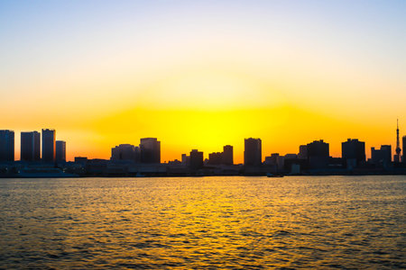 Landscape View of sunset sumida river viewpoint to see boats in tokyoのeditorial素材