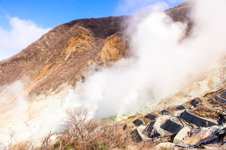 Landscape View of Smoke in mountain at owakudani Smoke coming out of Hakone, Japanの写真素材