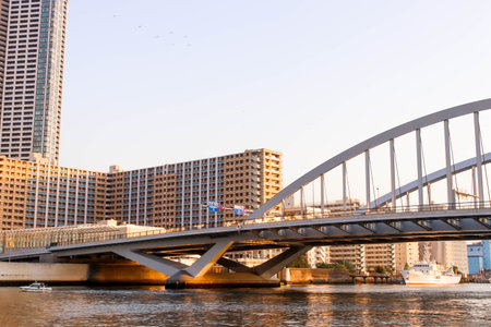 Landscapes sumida river viewpoint and bridge to see boats in tokyoの写真素材