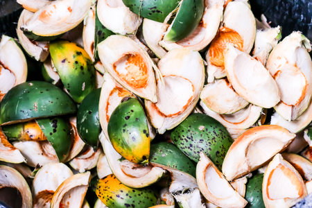 Group of Betel nut fresh betel palm on woodenの写真素材