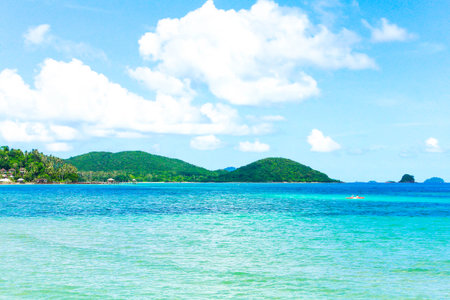Scene of boat and blue sea with clear blue sky in thailand
