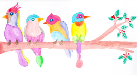 Hand draw watercolor of Little four bird illustrationの写真素材