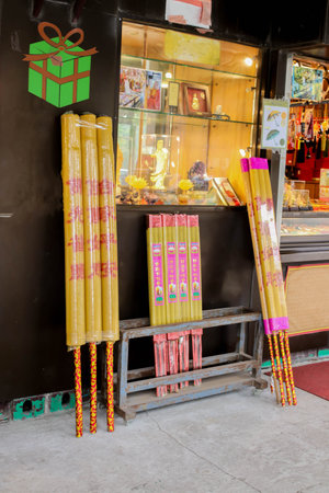 NONGPING, HONGKONG - 29 March 2019 Close up of Shops sell Big incense at Nong Ping village on 29 March, 2019のeditorial素材