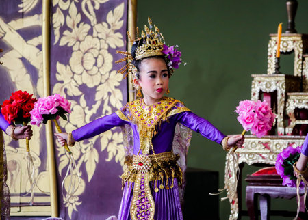Closeup of Single Little child girl Thai danceの写真素材