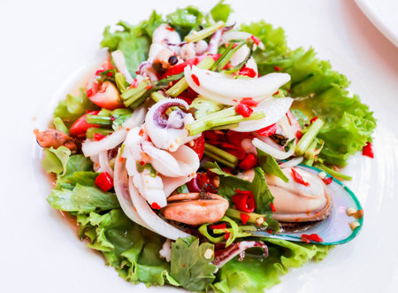 Close up Thai spicy and sour seafood saladの写真素材