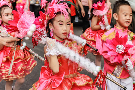 SAMUTSAKORN, THAILAND-December, 26, 2019:  Parade of portrait smile child Drum Mayer school students paradeのeditorial素材