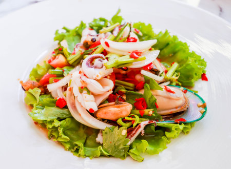 Closeup Thai spicy and sour seafood saladの写真素材