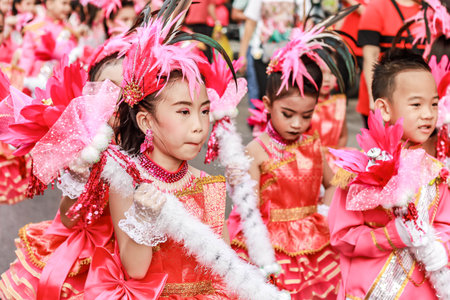 SAMUTSAKORN, THAILAND-December, 26, 2019:  Parade portrait smile child Drum Mayer school students paradeのeditorial素材