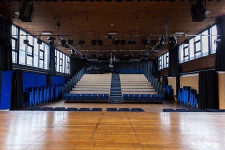 School theatre & hall - with collapsible tiered seating which is common in schools.