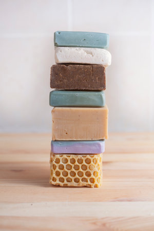 Hand made soap bars displayed beautifully with soft dream lighting.