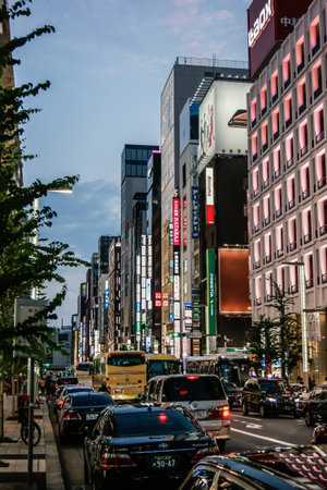 Ginza district of Tokyo at dawnのeditorial素材