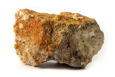 Rock from Morocco with natural vanadinite crystals isolated on pure white backgroundの写真素材