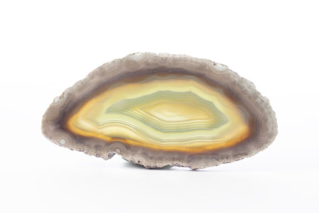 Polished slice of agate mineral from Brasil with multiple colors isolated on a pure white background