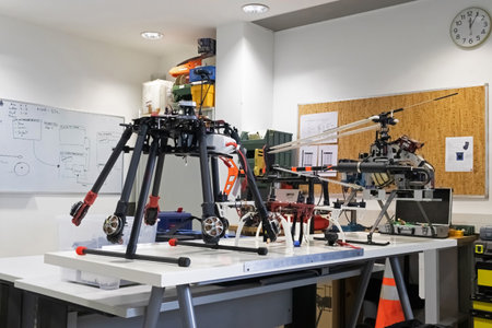 Research and development drone laboratory. View of an indoor workshop with multiple kinds of UAVの写真素材