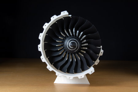 3d printed jet engine scale model. High bypass aircraft turbofan plastic replica.の写真素材