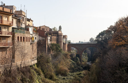 Romanesque bridge of Caldes de Montbui. Medieval roman village in Catalonia, Spain