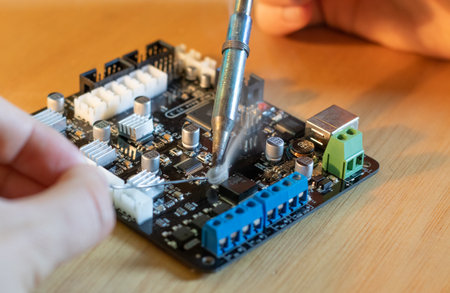 Close-up of an electronic board being repaired with a working soldering iron.