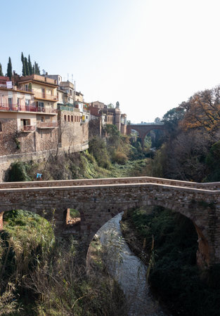 Romanesque bridges of Caldes de Montbui. Medieval roman village in Catalonia, Spainの写真素材