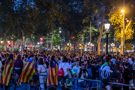 Barcelona, Spain - October 18th, 2019: Protests held during the general strike of Catalonia in Passeig de Gracia. Rally named Marches for Freedom.のeditorial素材
