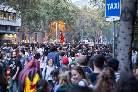 Barcelona, Spain - October 18th, 2019: Protests held during the general strike of Catalonia in Passeig de Gracia. Rally named Marches for Freedom.のeditorial素材