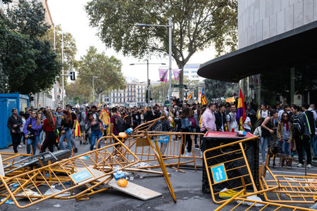 Barcelona, Spain - October 18th, 2019: Protests held during the general strike of Catalonia in PlaÃ§a Catalunya. Rally named Marches for Freedom.のeditorial素材